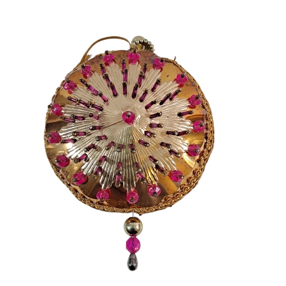 Vintage Beaded Push Pin Christmas Ornament Gold Pink Sequins Retro MCM - Picture 2 of 9